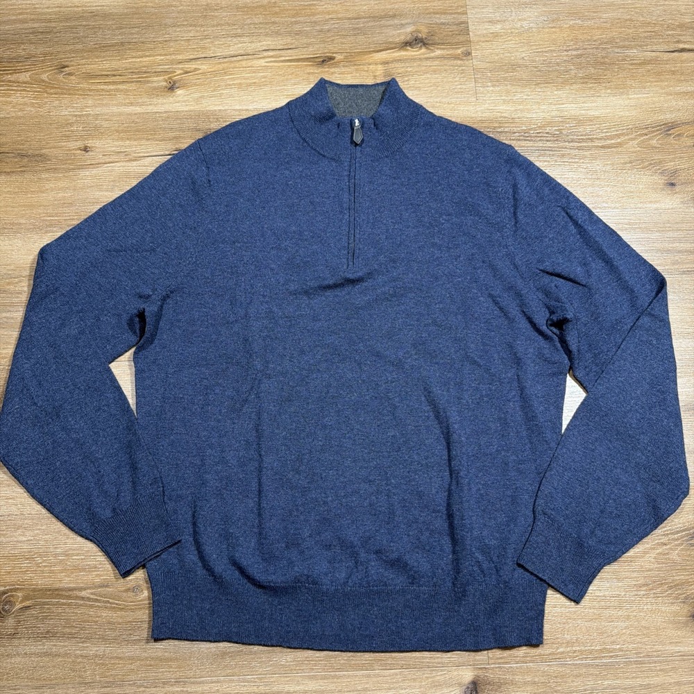 Scott Barber Mens LARGE Merino Wool & Cotton Blend 1/4 Zip Pullover Sweater Navy